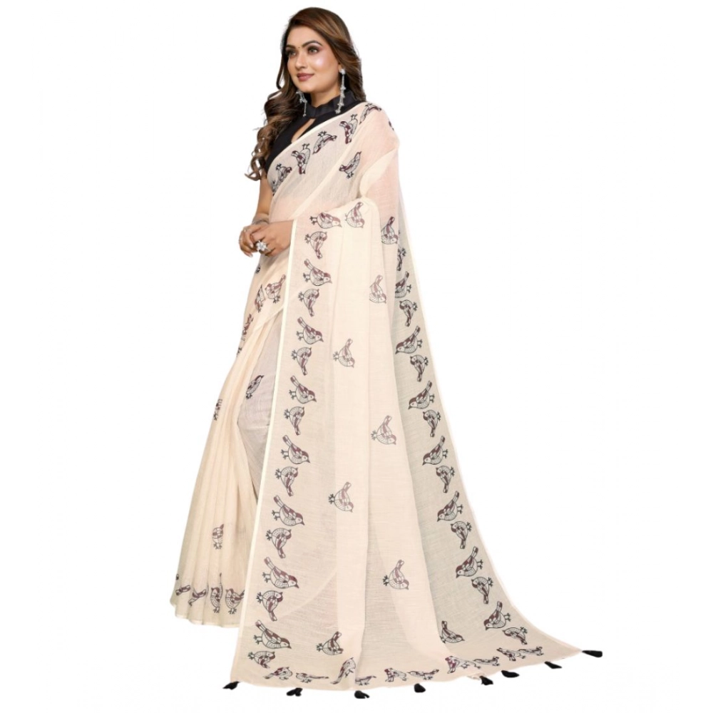 Generic Women's Linen Cotton Printed Saree With Unstitched Blouse 5.5Mtr (Off White) - Image 2