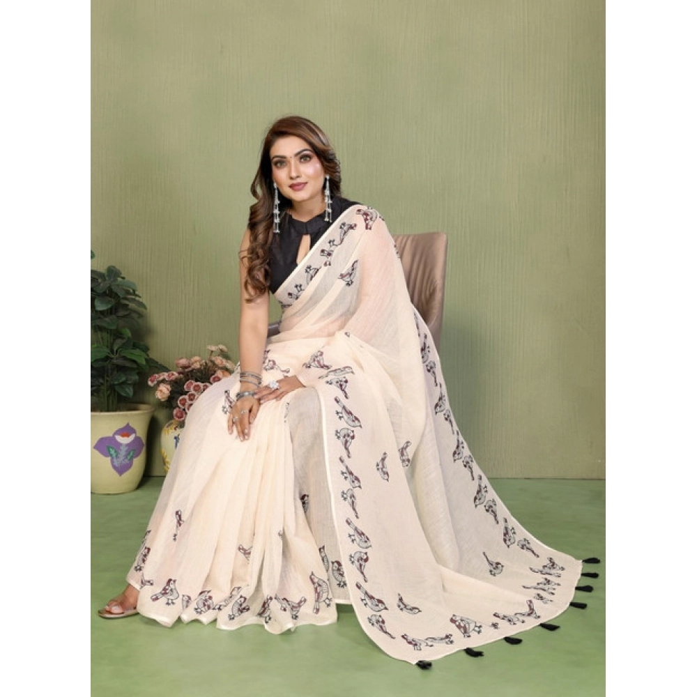 Generic Women's Linen Cotton Printed Saree With Unstitched Blouse 5.5Mtr (Off White) - Image 5