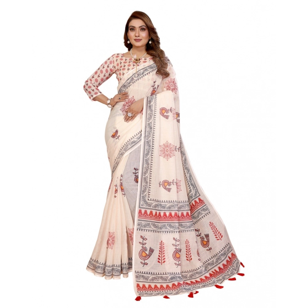Generic Women's Linen Cotton Printed Saree With Unstitched Blouse 5.5Mtr (Off White) - Image 2