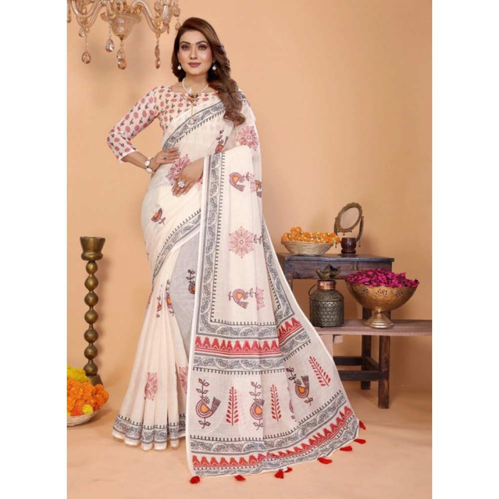Generic Women's Linen Cotton Printed Saree With Unstitched Blouse 5.5Mtr (Off White) - Image 6