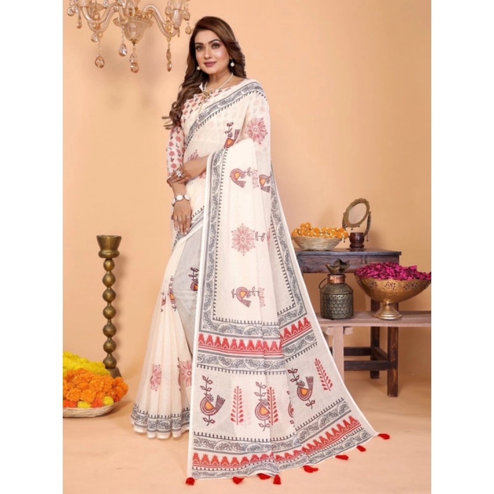 Generic Women's Linen Cotton Printed Saree With Unstitched Blouse 5.5Mtr (Off White) - Image 3