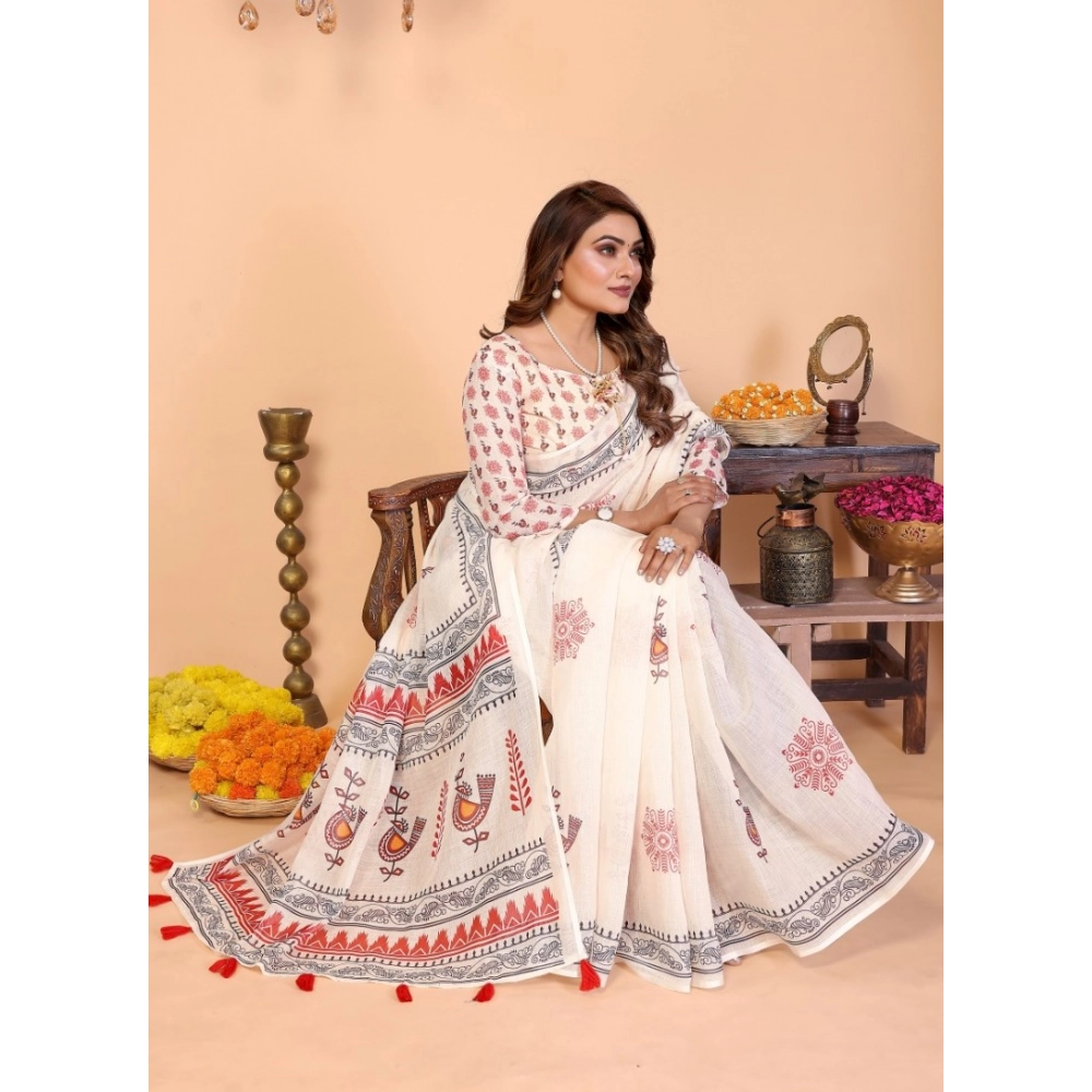 Generic Women's Linen Cotton Printed Saree With Unstitched Blouse 5.5Mtr (Off White) - Image 5