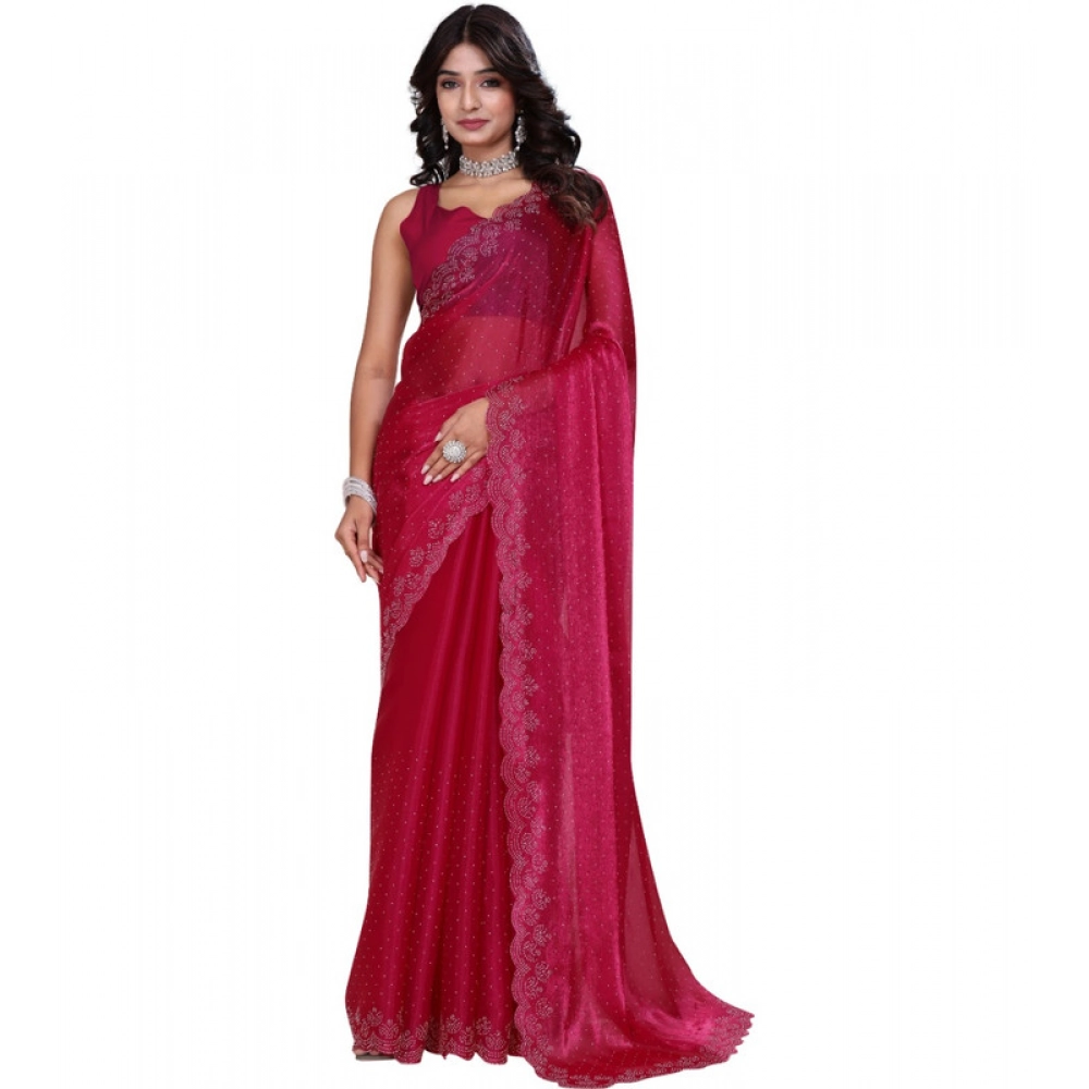 Generic Women's Jimmy choo Embellished Bollywood Saree With Unstitched Blouse 5.5Mtr (Red) - Image 2