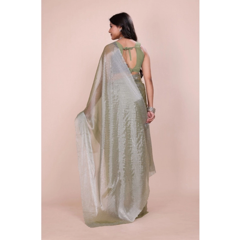 Generic Women's Jimmy choo Embellished Bollywood Saree With Unstitched Blouse 5.5Mtr (Light Green) - Image 2