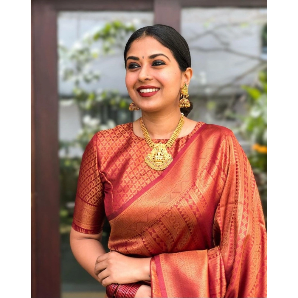 Generic Women's Litchi silk Printed Saree With Unstitched Blouse (Red) - Image 2