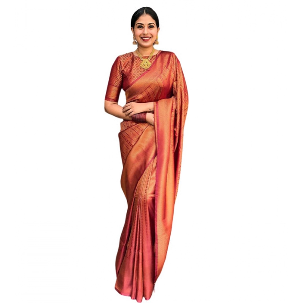 Generic Women's Litchi silk Printed Saree With Unstitched Blouse (Red) - Image 3