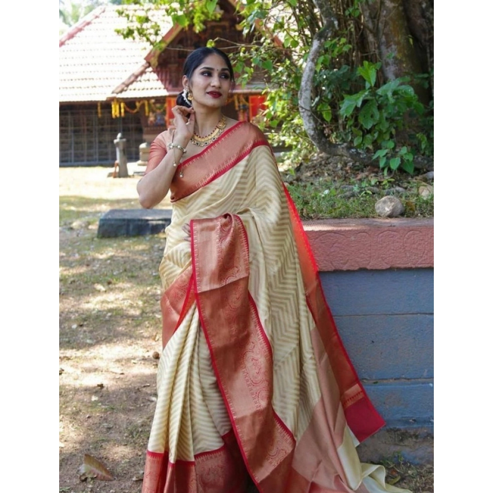 Generic Women's Litchi silk Printed Saree With Unstitched Blouse (Beige) - Image 2