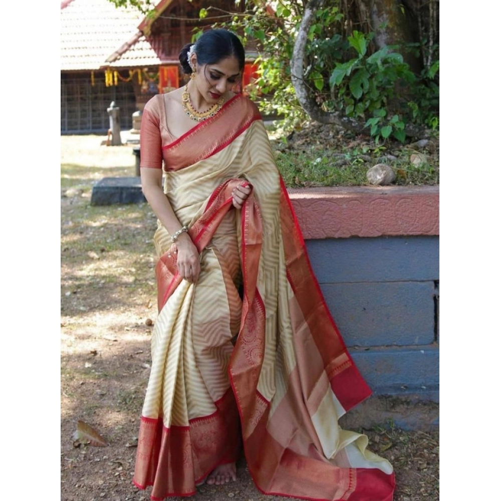 Generic Women's Litchi silk Printed Saree With Unstitched Blouse (Beige) - Image 3