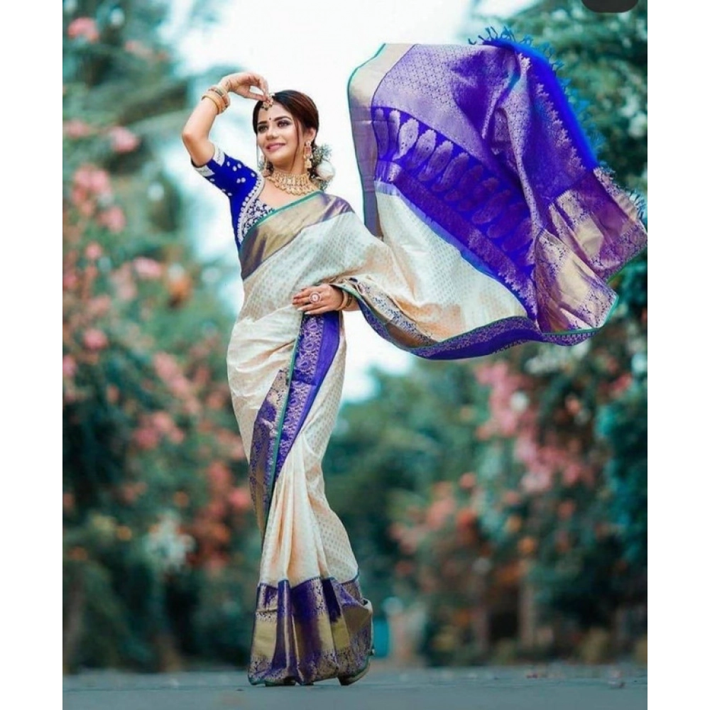 Generic Women's Litchi silk Printed Saree With Unstitched Blouse (Off White) - Image 2