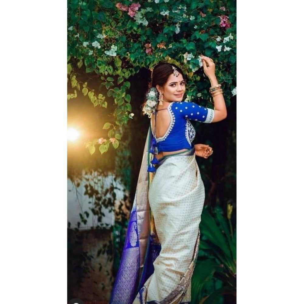 Generic Women's Litchi silk Printed Saree With Unstitched Blouse (Off White) - Image 4