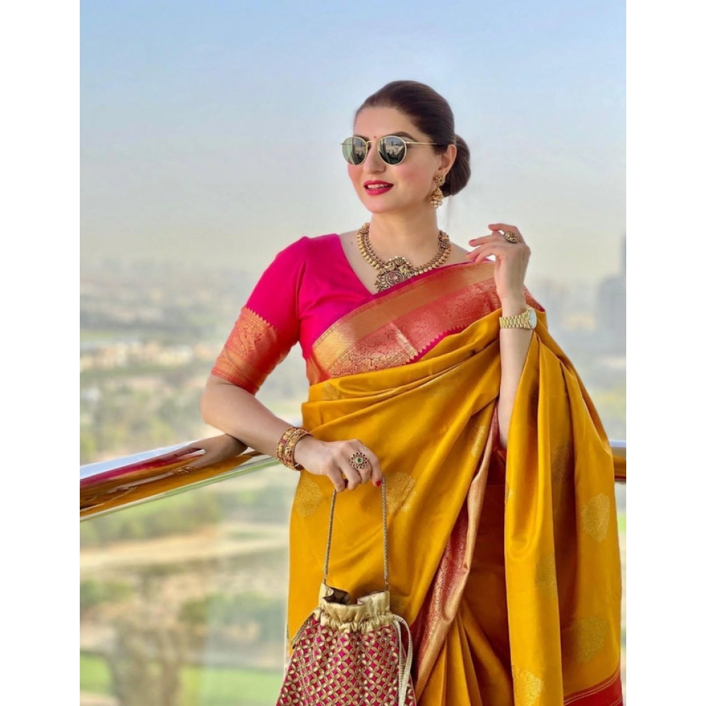 Generic Women's Litchi silk Printed Saree With Unstitched Blouse (Yellow) - Image 2