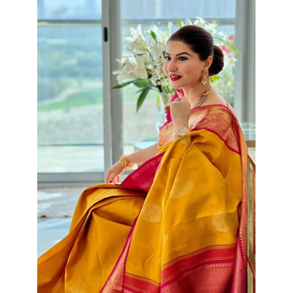 Generic Women's Litchi silk Printed Saree With Unstitched Blouse (Yellow) - Image 3
