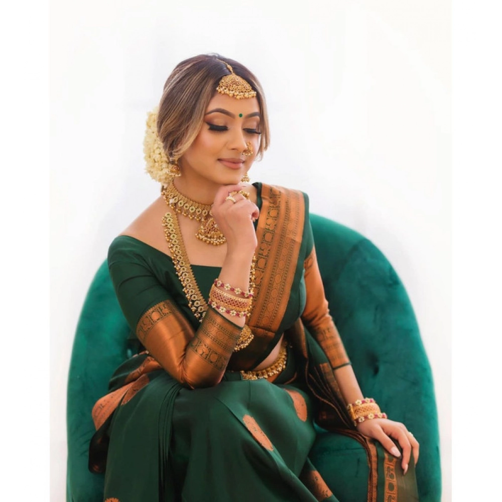 Generic Women's Litchi silk Printed Saree With Unstitched Blouse (Green) - Image 3