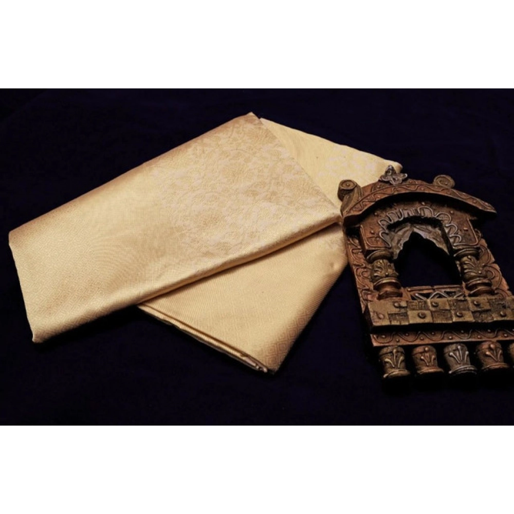 Generic Women's Litchi silk Printed Saree With Unstitched Blouse (Gold) - Image 2