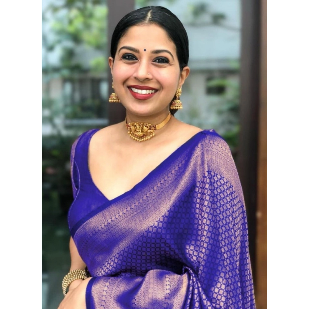 Generic Women's Litchi silk Printed Saree With Unstitched Blouse (Purple) - Image 2
