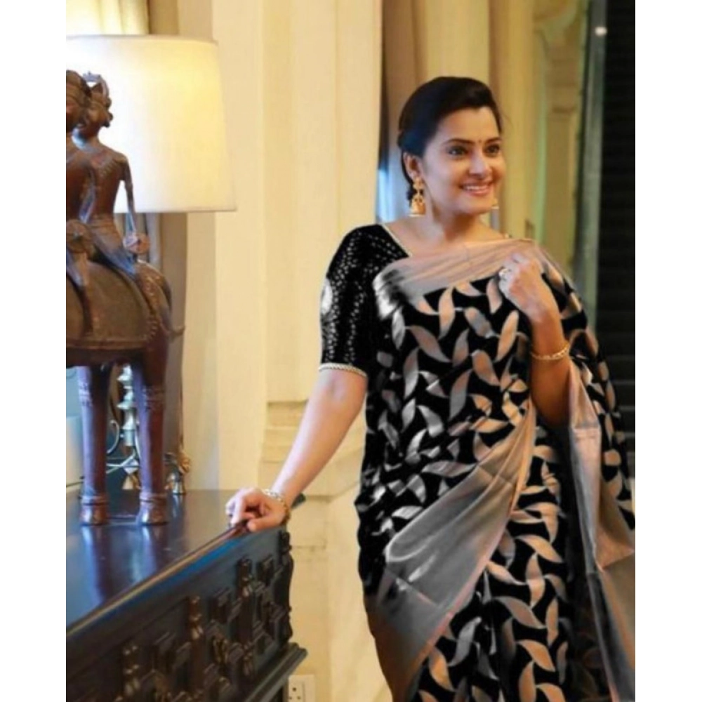 Generic Women's Litchi silk Printed Saree With Unstitched Blouse (Black) - Image 2