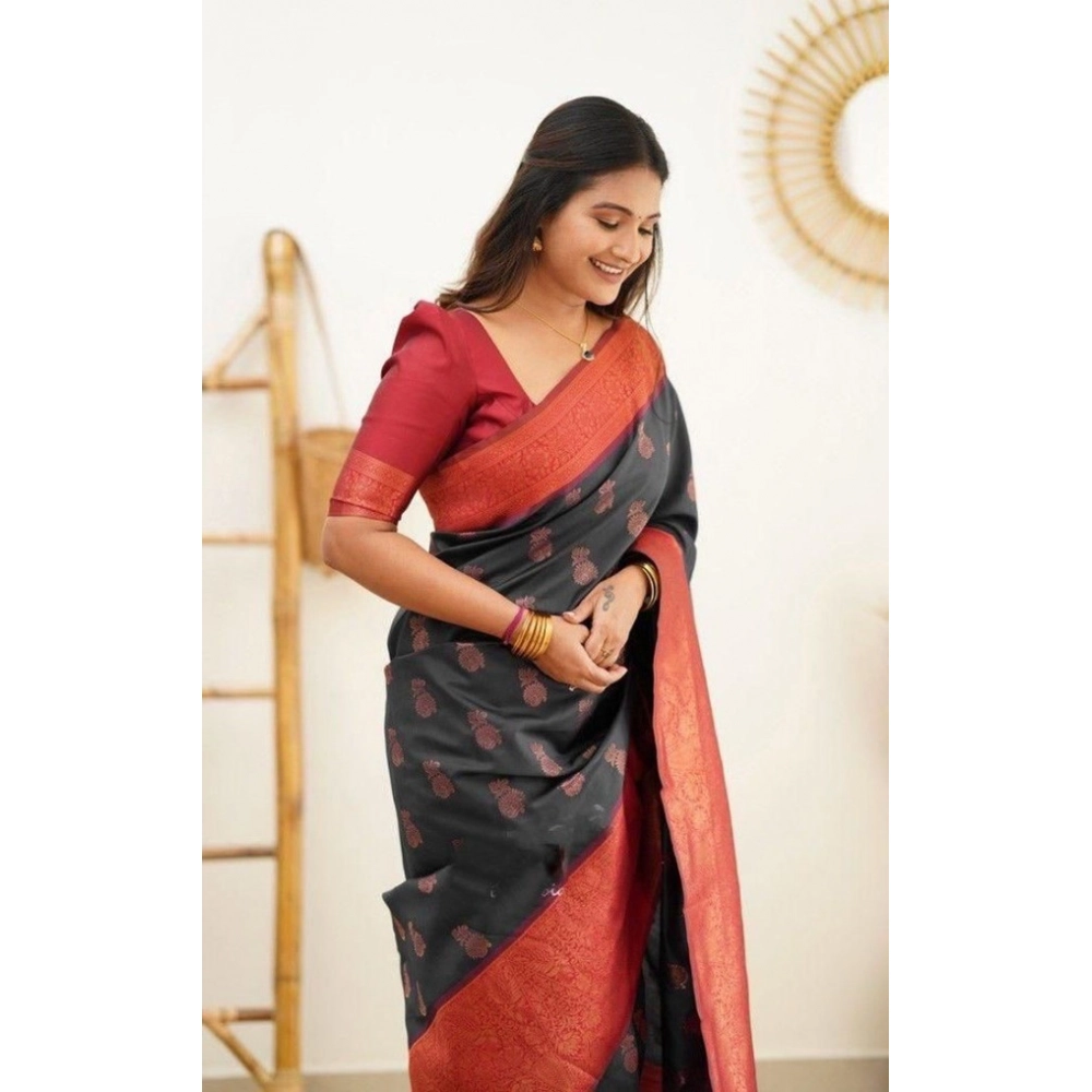 Generic Women's Litchi silk Printed Saree With Unstitched Blouse (Grey) - Image 2