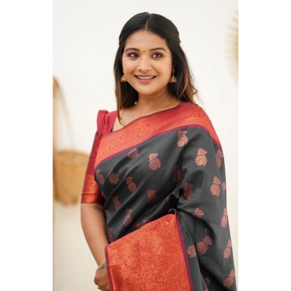 Generic Women's Litchi silk Printed Saree With Unstitched Blouse (Grey) - Image 3