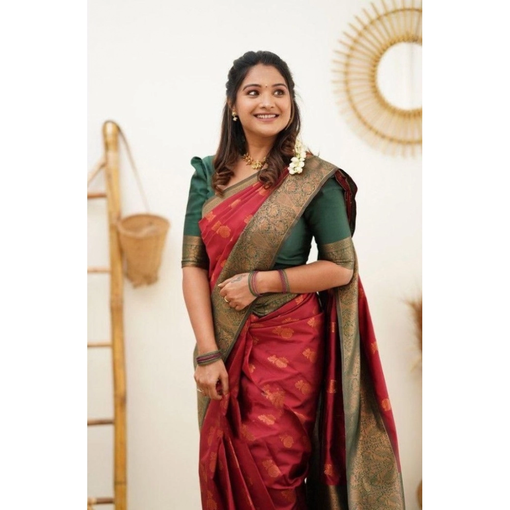 Generic Women's Litchi silk Printed Saree With Unstitched Blouse (Red) - Image 2