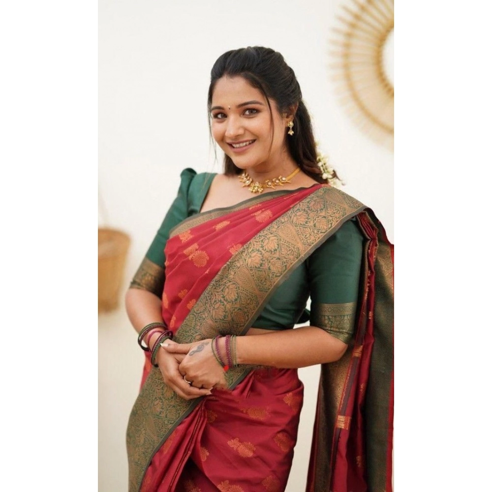 Generic Women's Litchi silk Printed Saree With Unstitched Blouse (Red) - Image 3