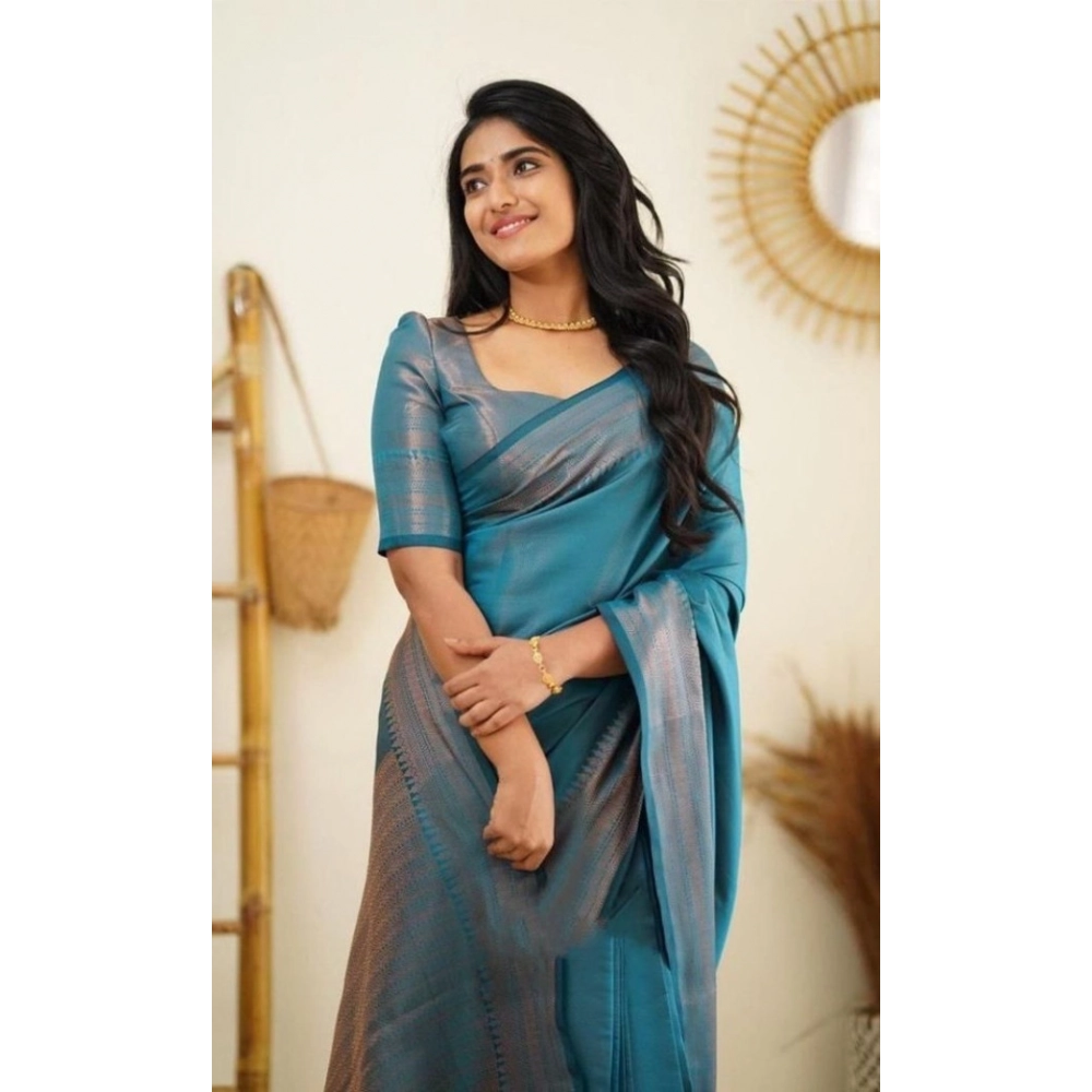 Generic Women's Litchi silk Printed Saree With Unstitched Blouse (Rama Blue) - Image 2