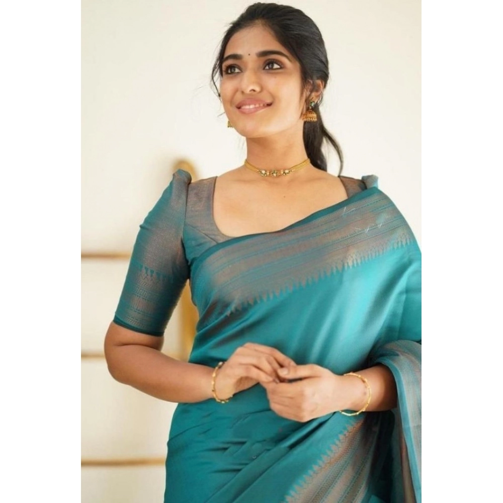 Generic Women's Litchi silk Printed Saree With Unstitched Blouse (Rama Blue) - Image 4