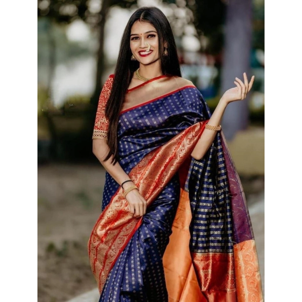 Generic Women's Litchi silk Printed Saree With Unstitched Blouse (Blue) - Image 2