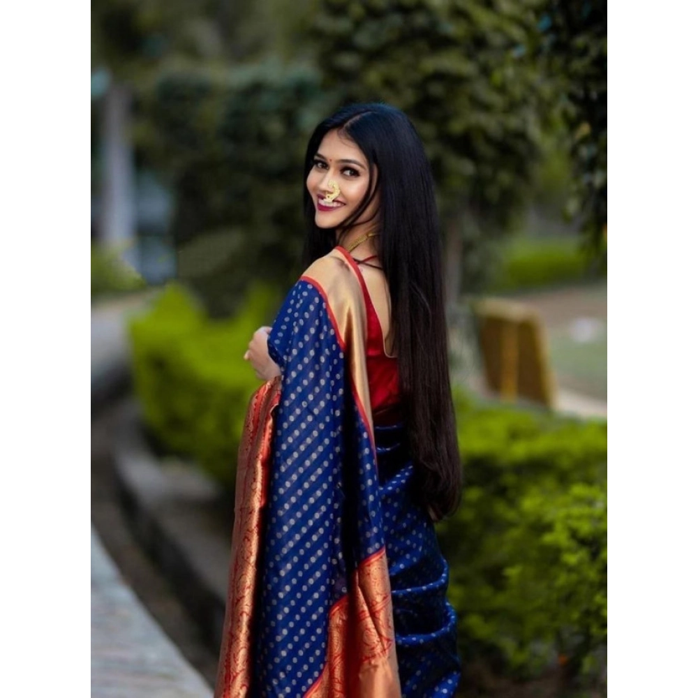 Generic Women's Litchi silk Printed Saree With Unstitched Blouse (Blue) - Image 3