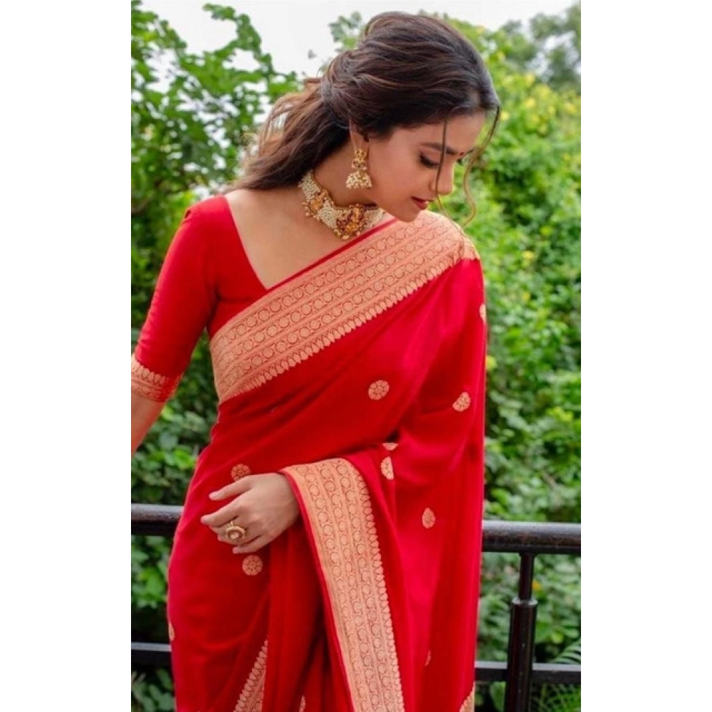 Generic Women's Litchi silk Printed Saree With Unstitched Blouse (Red) - Image 2