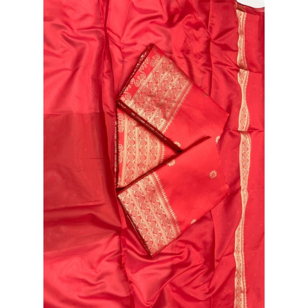 Generic Women's Litchi silk Printed Saree With Unstitched Blouse (Red) - Image 4