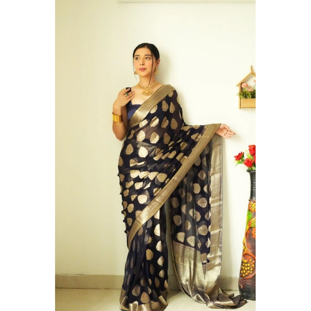 Generic Women's Litchi silk Printed Saree With Unstitched Blouse (Black) - Image 2