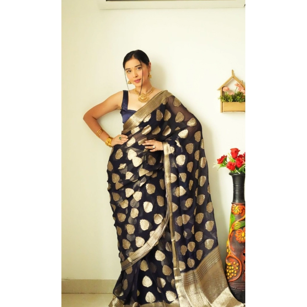 Generic Women's Litchi silk Printed Saree With Unstitched Blouse (Black) - Image 4