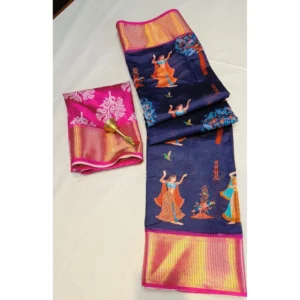 Generic Women's Digital Dolla Silk Printed Saree With Unstitched Blouse 5.5Mtr (Navy Blue)