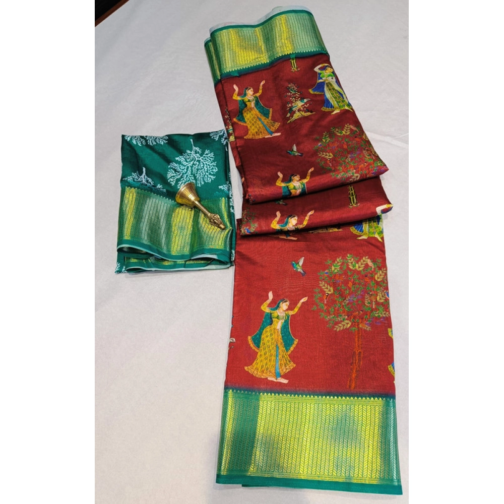Generic Women's Digital Dolla Silk Printed Saree With Unstitched Blouse 5.5Mtr (Brown)