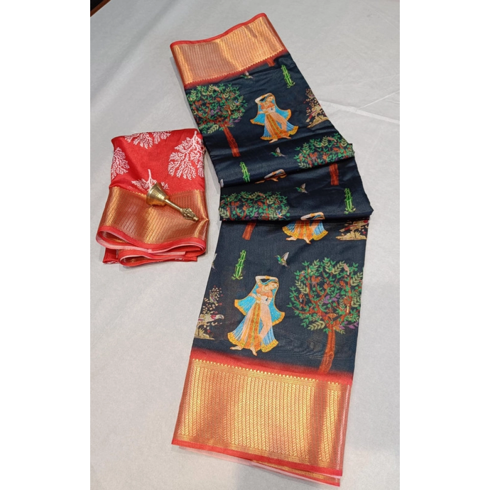 Generic Women's Digital Dolla Silk Printed Saree With Unstitched Blouse 5.5Mtr (Black)