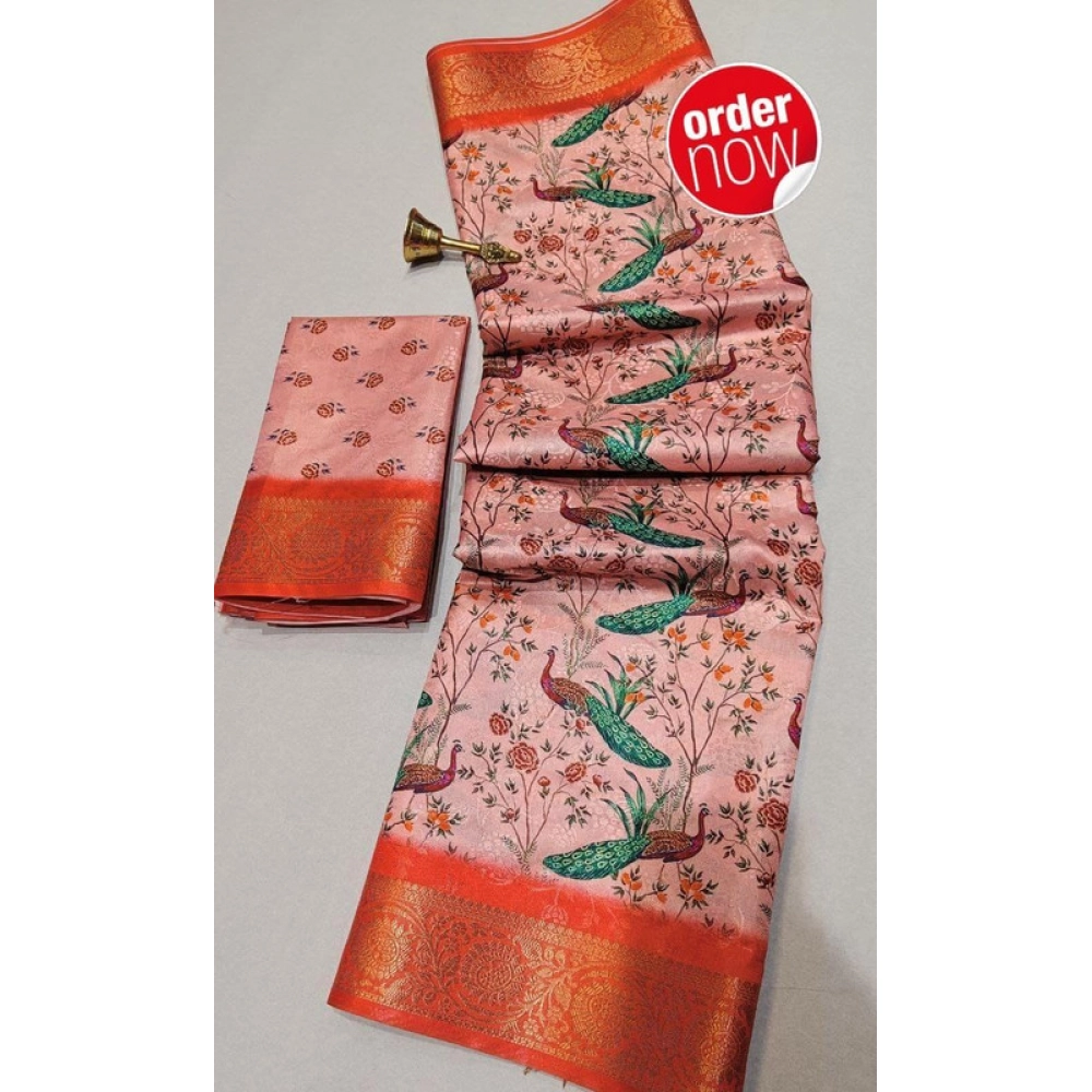 Generic Women's Digital Dolla Silk Printed Saree With Unstitched Blouse 5.5Mtr (Orange)