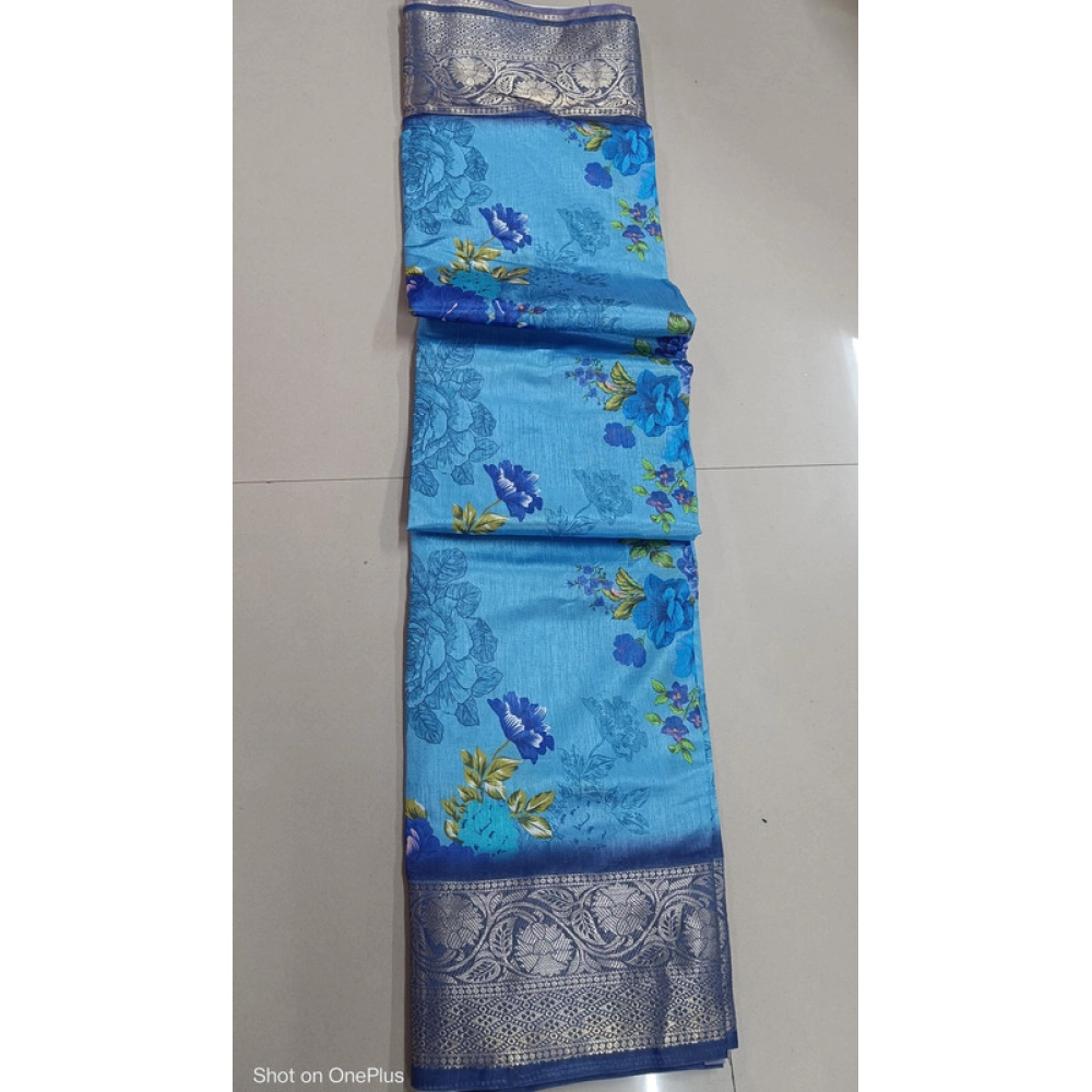 Generic Women's Digital Dolla Silk Printed Saree With Unstitched Blouse 5.5Mtr (Sky Blue)