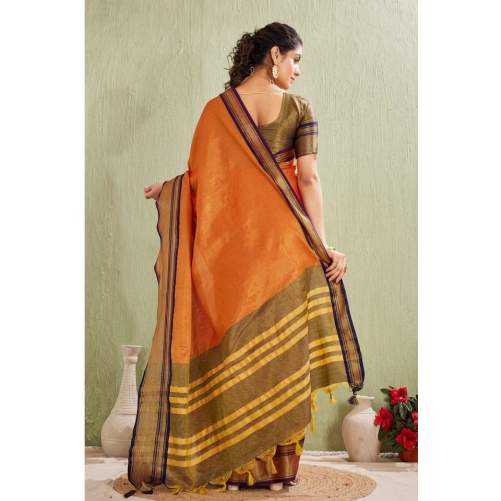 Generic Women's Silk Blended Jaquard Woven Saree With Unstitched Blouse 5.5Mtr (Orange) - Image 2