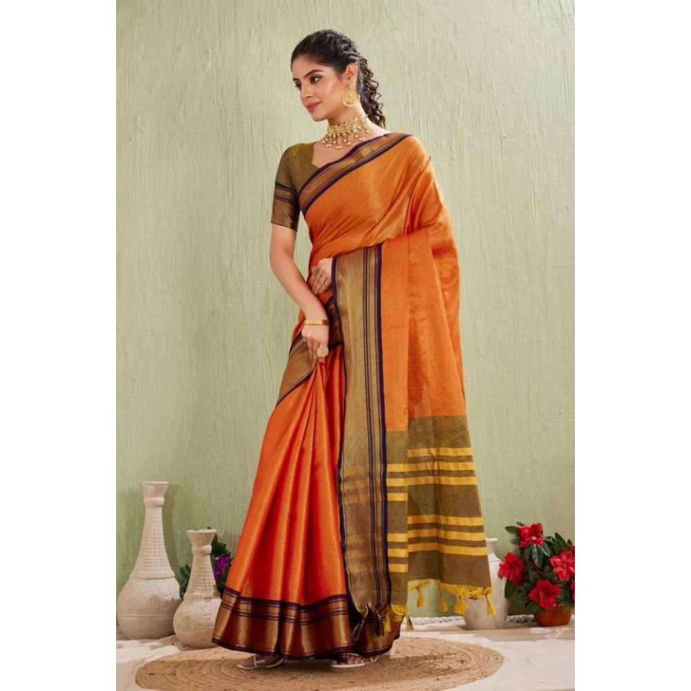 Generic Women's Silk Blended Jaquard Woven Saree With Unstitched Blouse 5.5Mtr (Orange) - Image 3