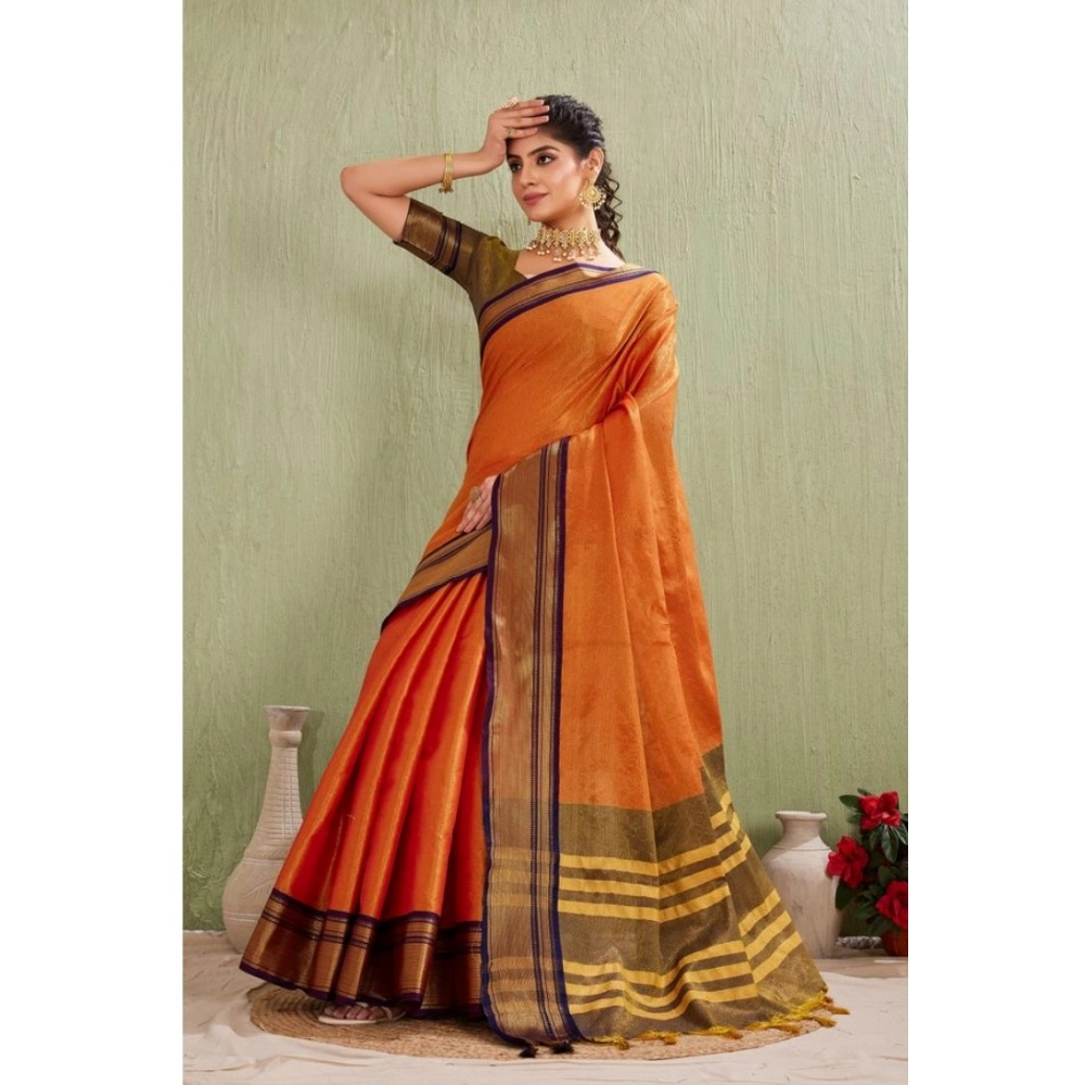 Generic Women's Silk Blended Jaquard Woven Saree With Unstitched Blouse 5.5Mtr (Orange) - Image 4