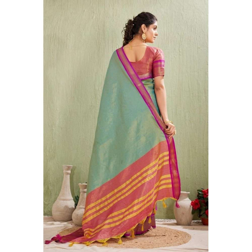 Generic Women's Silk Blended Jaquard Woven Saree With Unstitched Blouse 5.5Mtr (Light Green) - Image 3