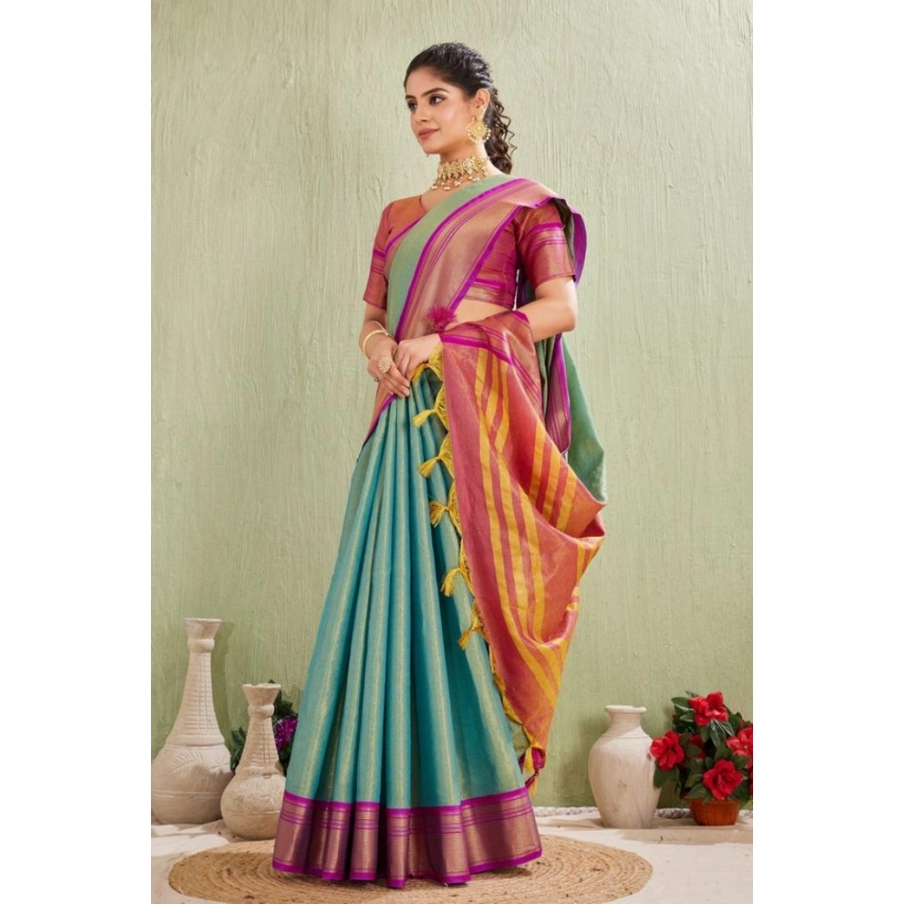 Generic Women's Silk Blended Jaquard Woven Saree With Unstitched Blouse 5.5Mtr (Light Green) - Image 4