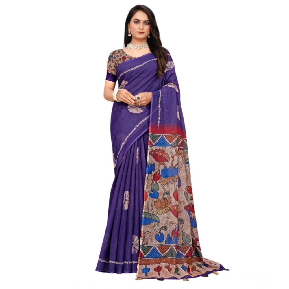 Generic Women's Linen Printed Saree With Unstitched Blouse 5.5Mtr (Purple) - Image 5