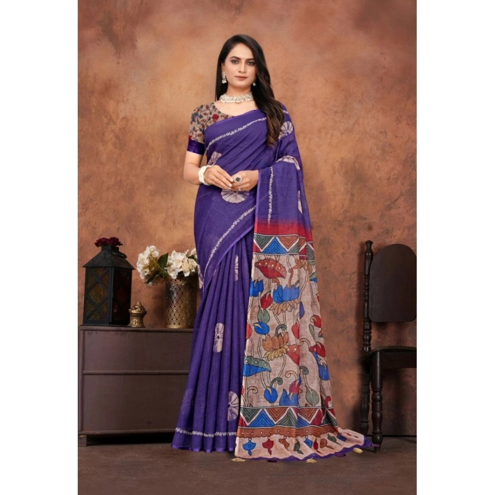 Generic Women's Linen Printed Saree With Unstitched Blouse 5.5Mtr (Purple) - Image 2