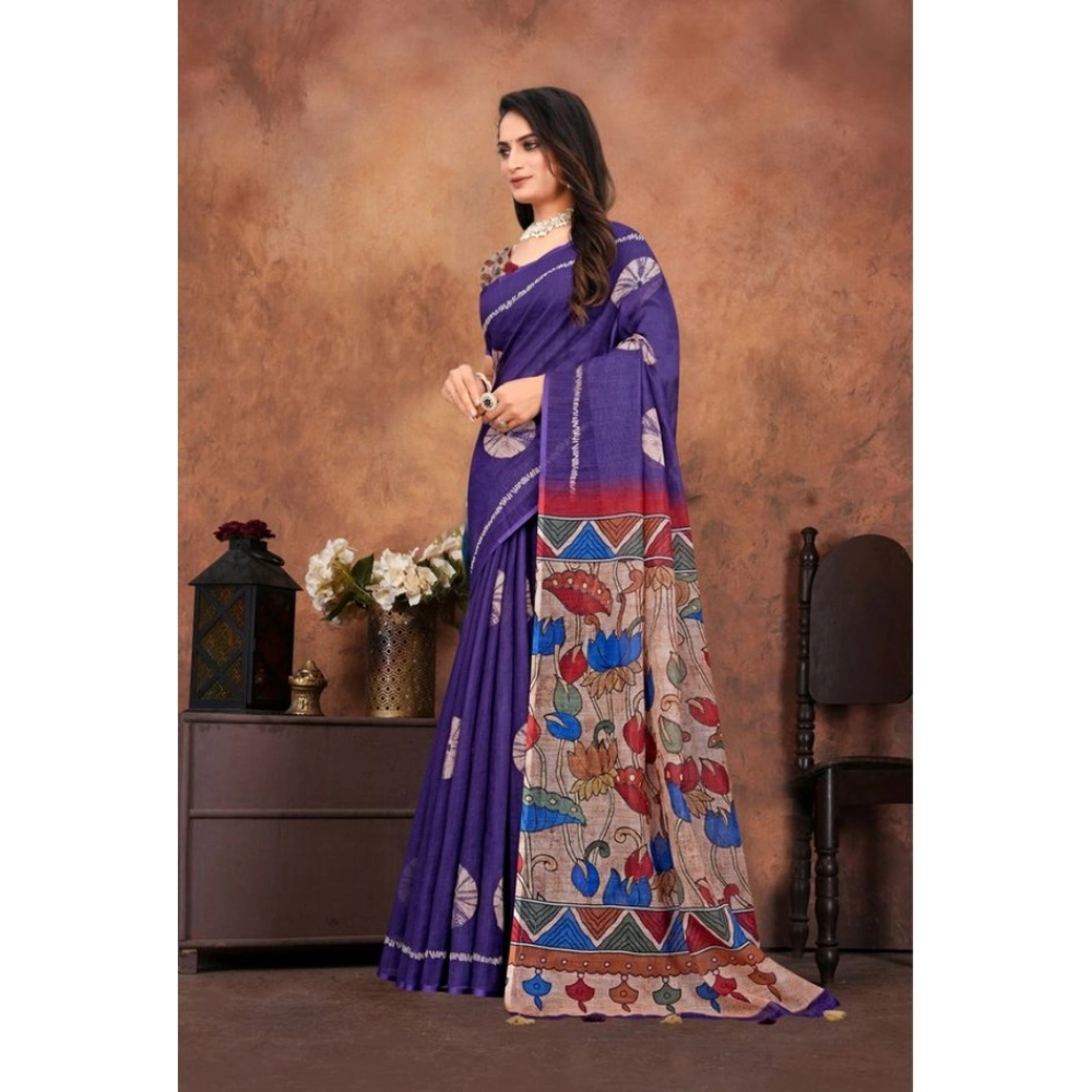 Generic Women's Linen Printed Saree With Unstitched Blouse 5.5Mtr (Purple) - Image 3