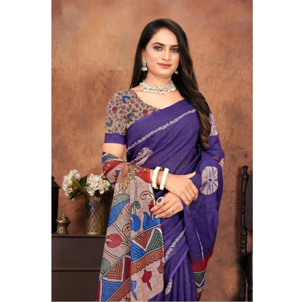 Generic Women's Linen Printed Saree With Unstitched Blouse 5.5Mtr (Purple) - Image 4