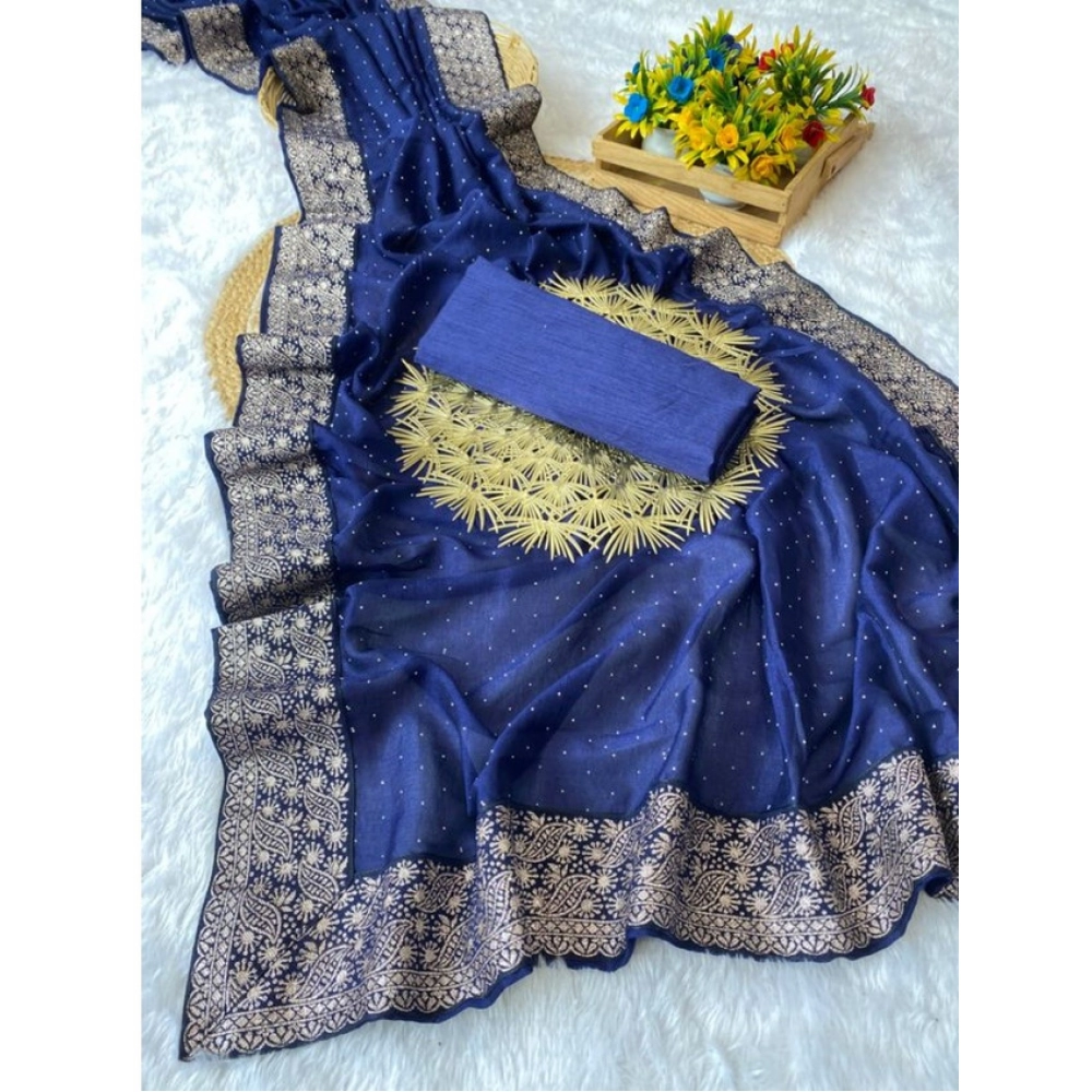 Generic Women's Silk Embroidred Saree With Unstitched Blouse 5.5Mtr (Blue)