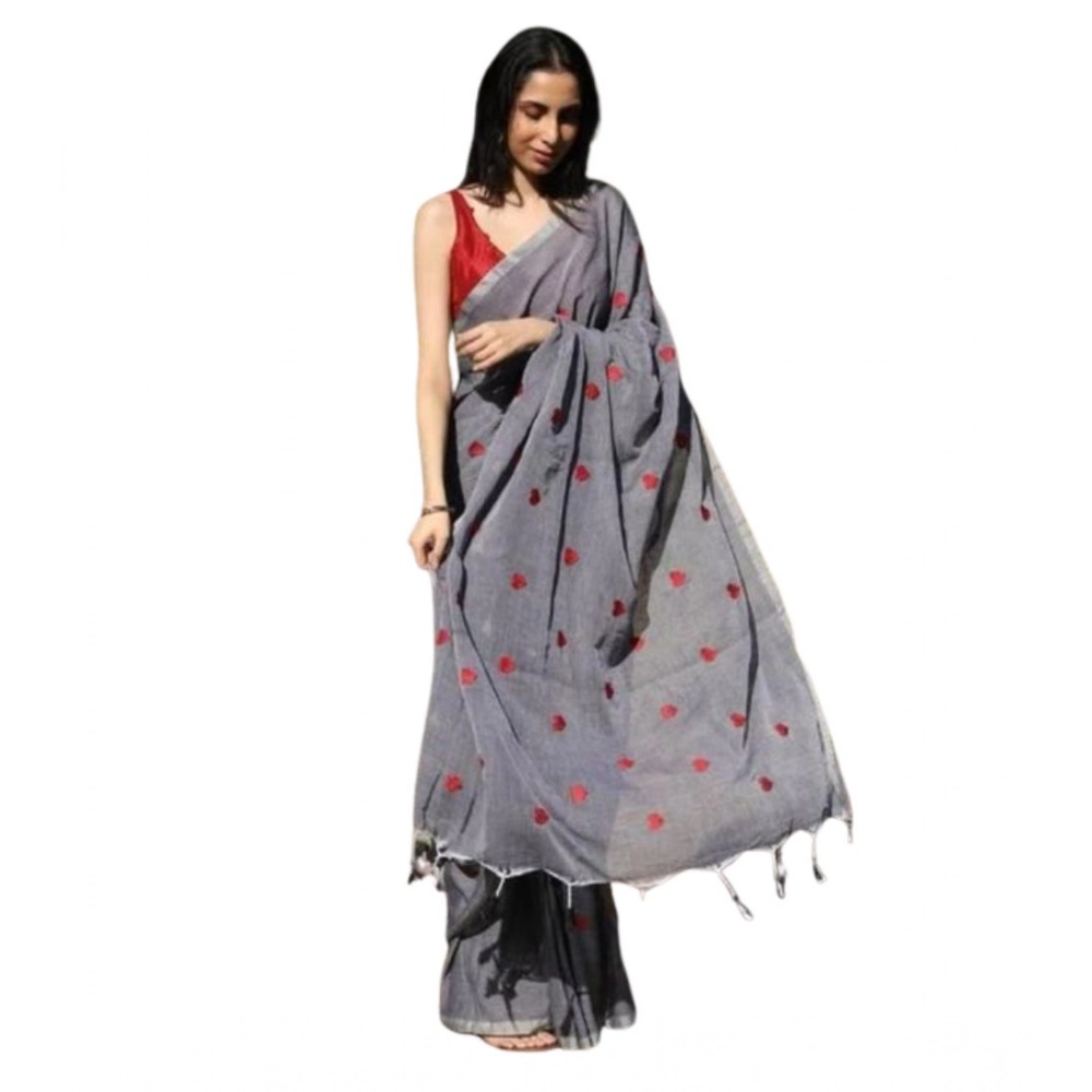 Generic Women's Linen Printed Saree With Unstitched Blouse 5.5Mtr (Grey) - Image 2