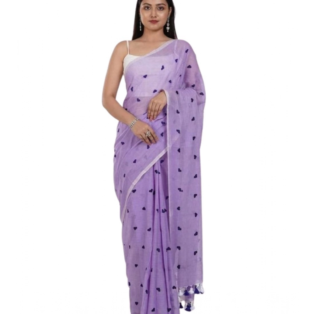 Generic Women's Linen Printed Saree With Unstitched Blouse 5.5Mtr (Purple) - Image 2