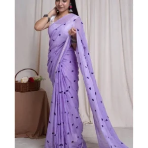 Generic Women's Linen Printed Saree With Unstitched Blouse 5.5Mtr (Purple)